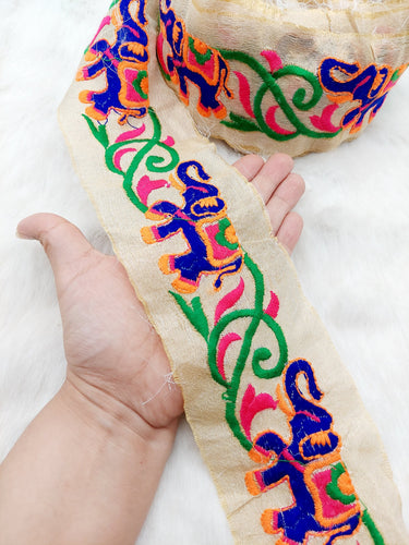 Beige Trim With Blue Elephant Embroidery , Lace Trim, Indian Lace Trim